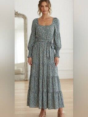 In Loom Floral Boho Style Maxi Dress Long Sleeve Tiered Size Large